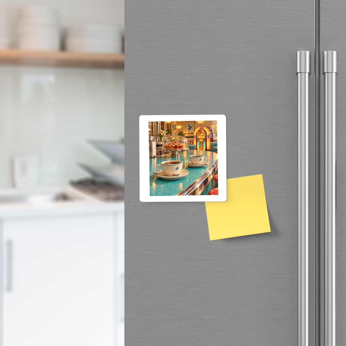 Meet Me at the Bluebird Magnet | Chrome & Starlight square magnet featuring a diner scene of two coffee cups on a teal counter and a background jukebox, stuck to a stainless steel refrigerator next to a blank yellow sticky note.