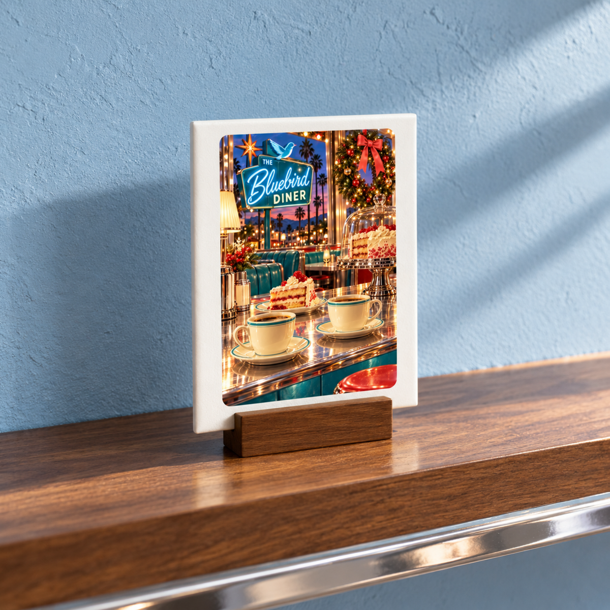 A white-framed “Christmas Eve at the Bluebird Mini Sign | Chrome & Starlight” by Mirabilia Boutique sits on a wooden shelf, featuring festive diner cups, cake, and holiday decor with a neon sign in the background.