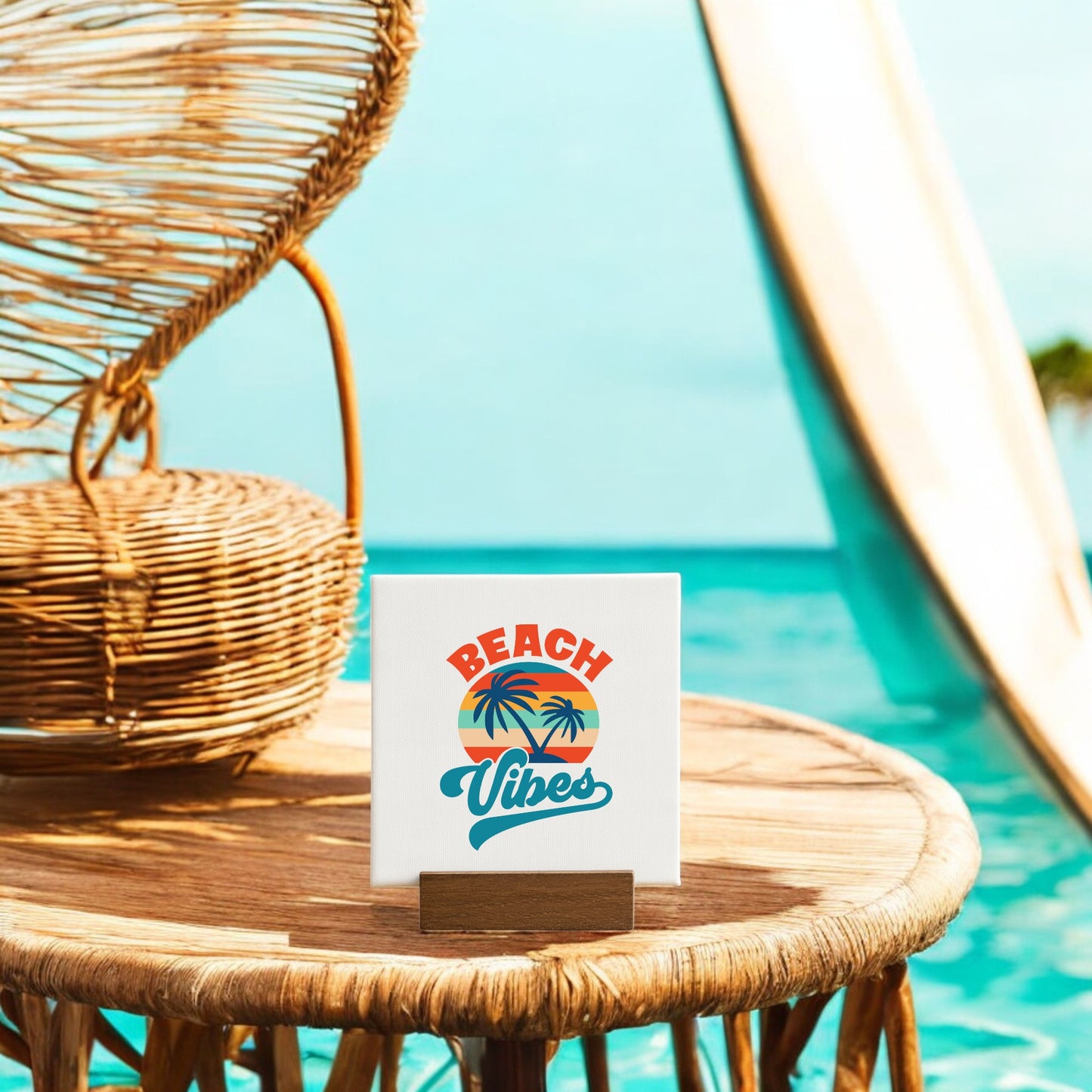 The Mirabilia Boutique Beach Vibes Sunset Canvas – Bold Tropical Mini Sign sits on a wicker table by the pool, adding coastal charm to the sunny scene with palm tree graphics, a wicker chair, and water slide in the background.