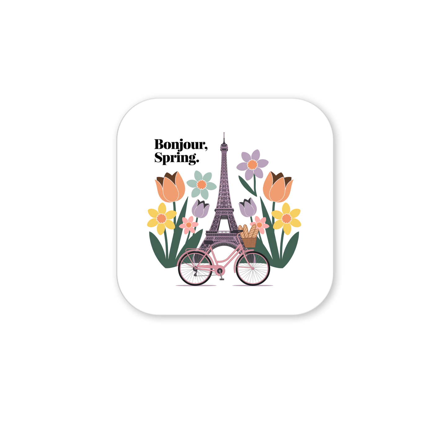 Add Parisian flair to your fridge with Mirabilia Boutique’s “Bonjour Spring Magnet – Paris Bicycle & Floral Charm,” featuring a colorful Eiffel Tower, flowers, and pink bicycle with baguettes. “Bonjour, Spring.” appears in the top left.
