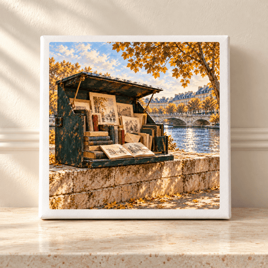Books Beside the River Canvas | Paris Toujours featuring an open green wooden bookstall with vintage books and art prints, set along the Seine River with a bridge and autumn trees in the background.