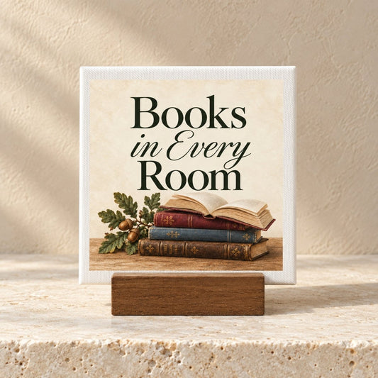 Books in Every Room Mini Sign on a wooden stand sits above a stack of vintage books and an acorn sprig.