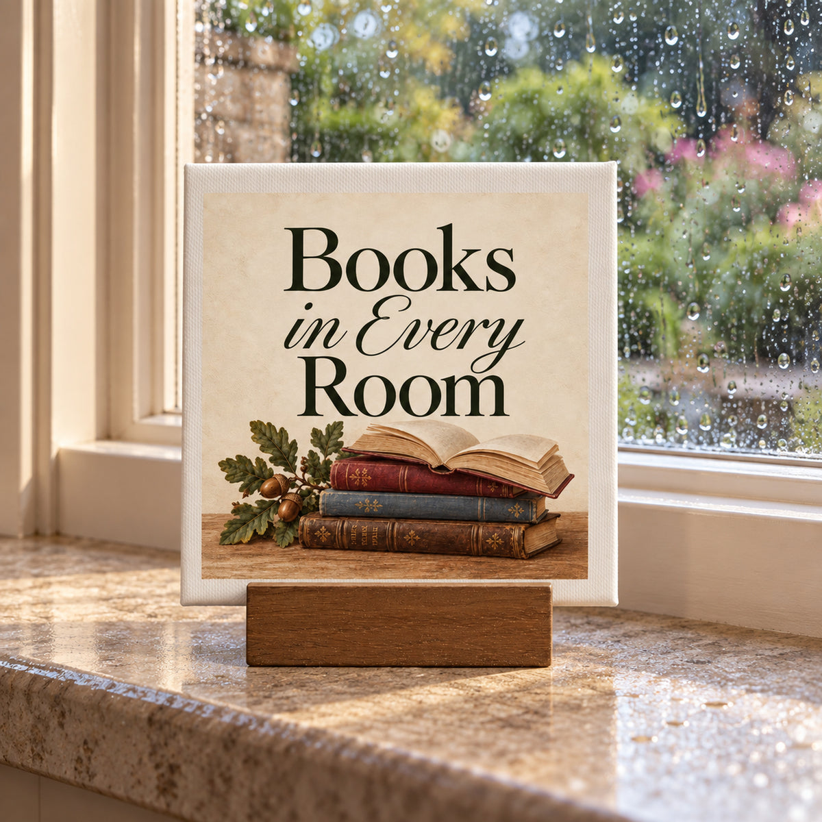 Books in Every Room Mini Sign on a wooden base with an illustration of a stack of old books and an oak sprig, displayed on a windowsill.