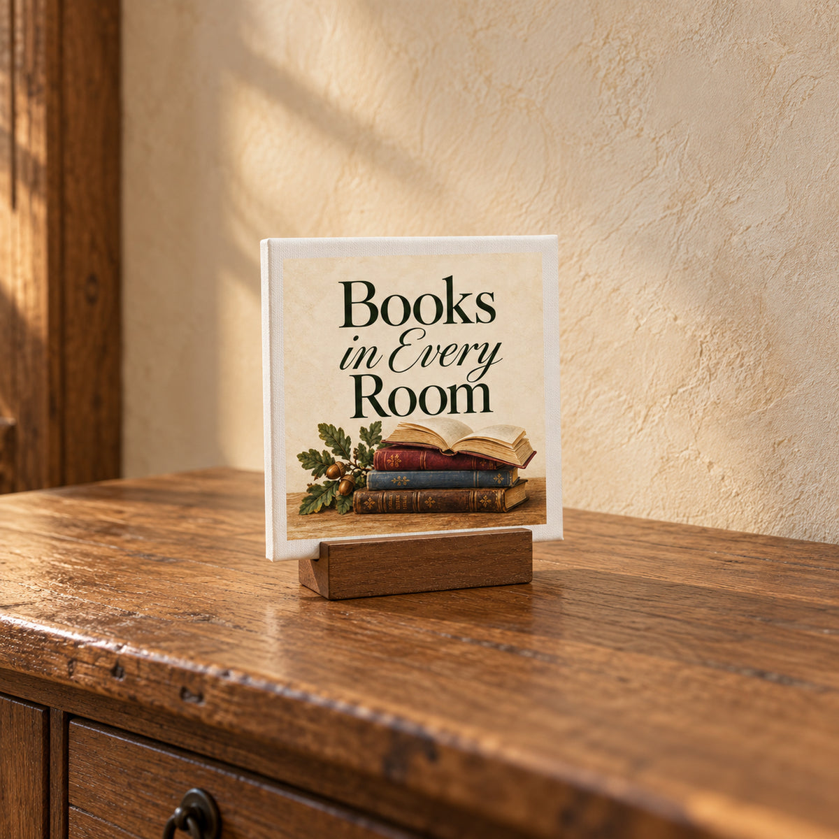 Books in Every Room Mini Sign in a wooden stand, featuring an illustration of a stack of books and an acorn branch.