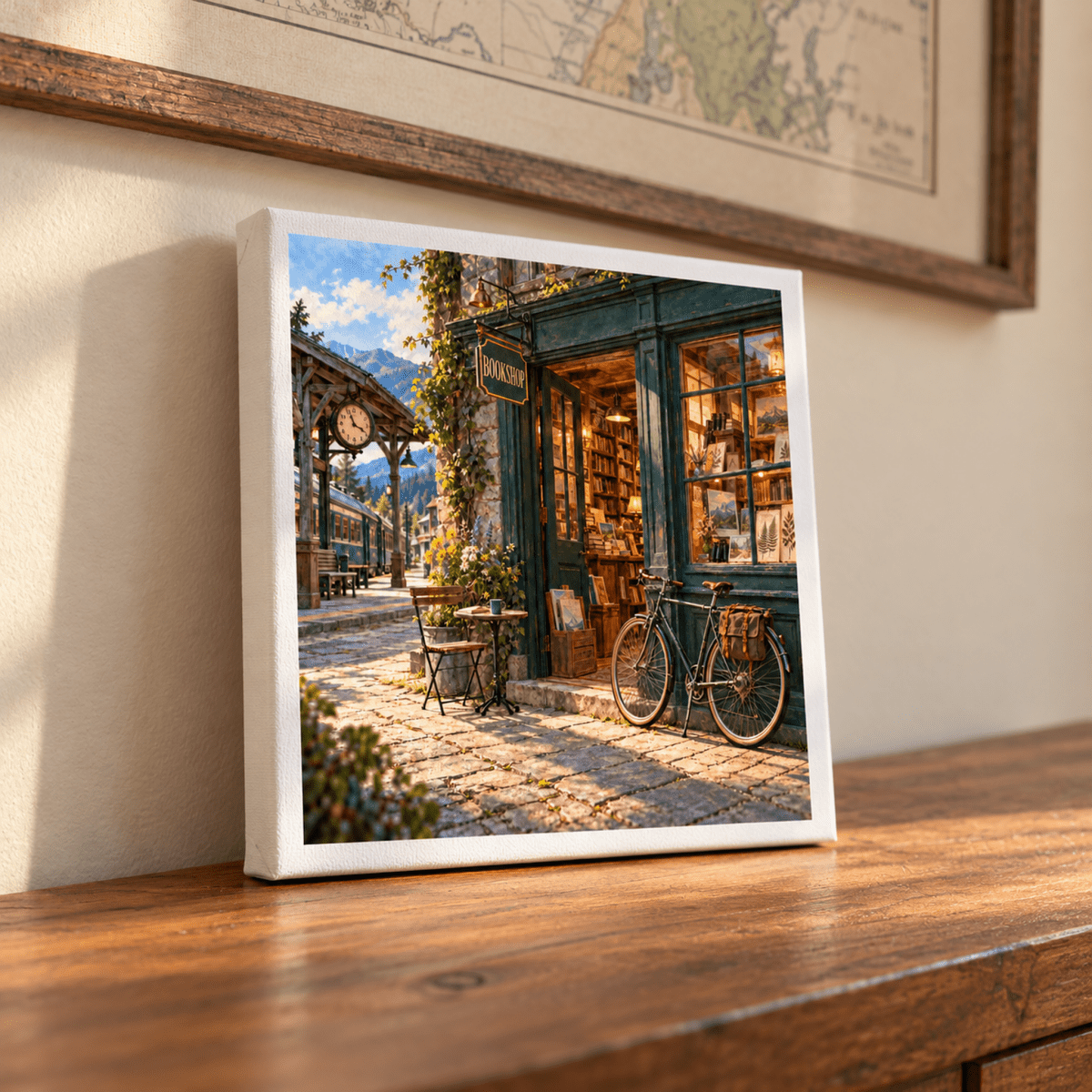 The Bookshop Beyond the Bend Canvas by Mirabilia Boutique, leaning on a wooden surface, shows a cobblestone street scene with a quaint bookshop, a parked bicycle, and a railway platform clock.