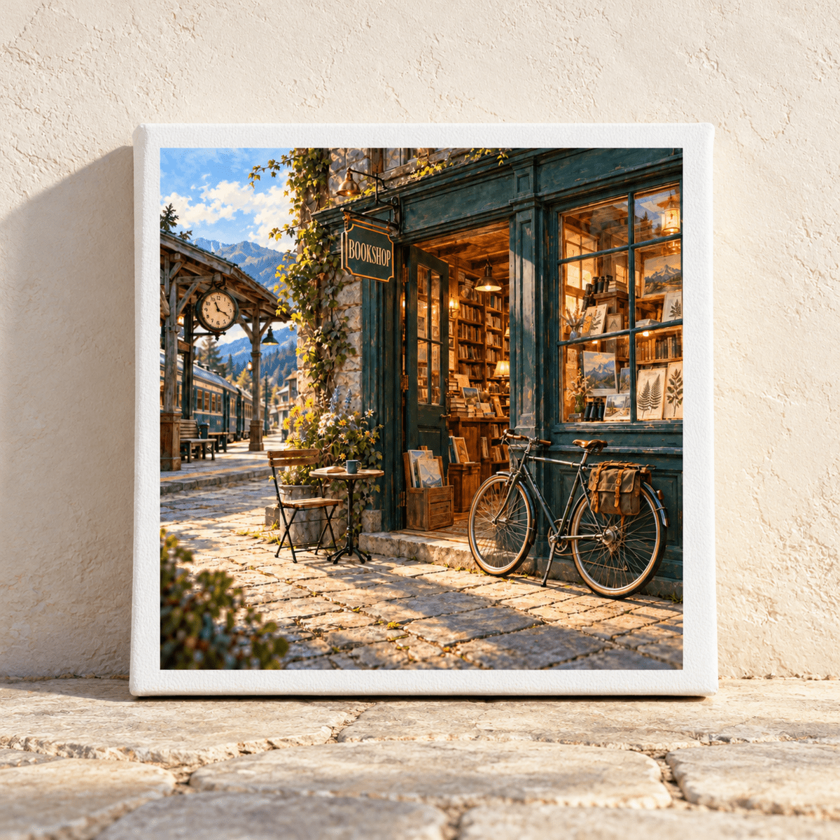The Bookshop Beyond the Bend Canvas by Mirabilia Boutique featuring a cozy bookshop with a bicycle parked outside at a mountain railway station.
