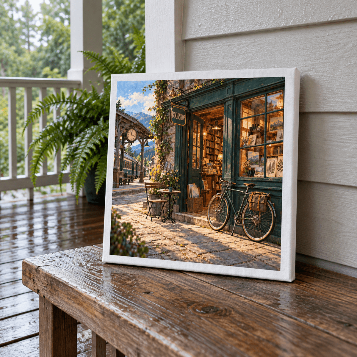 The Bookshop Beyond the Bend Canvas by Mirabilia Boutique leaning on a wooden porch bench, showing a bookshop wall art painting with a bicycle parked outside.