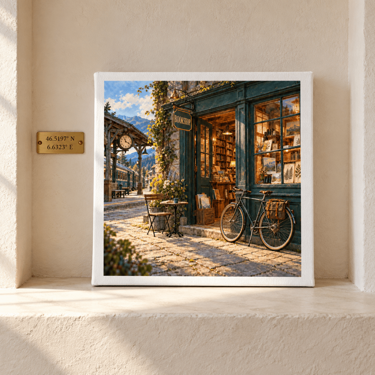 The Bookshop Beyond the Bend Canvas framed print featuring a bicycle parked outside a shop next to a train station platform.
