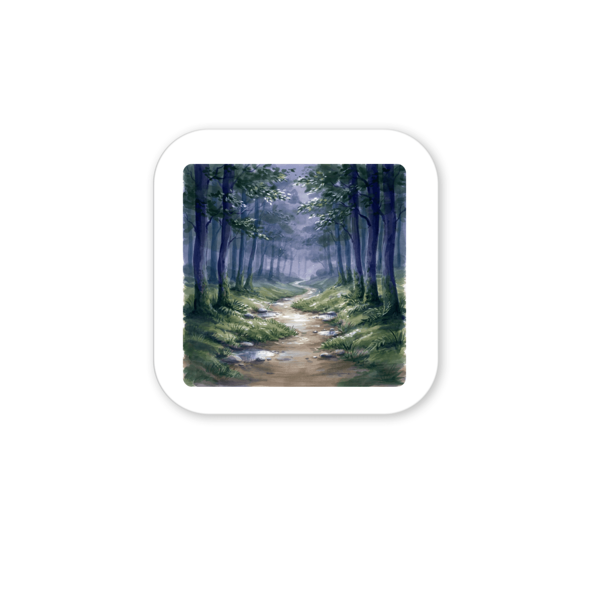 A winding dirt path meanders through a lush, green forest beneath a misty sky, sunlight softly filtering through the tall trees and grass—captured in exquisite detail in the Borrow a Little Moonlight Forest Magnet by Mirabilia Boutique. This charming miniature artwork brings woodland tranquility to any space.