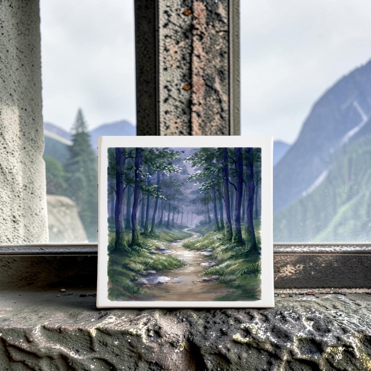 Bring a serene touch to your space with the Borrow a Little Moonlight Forest Canvas Wall Art by Mirabilia Boutique. This tranquil wall decor features a painting of a forest path set on a rustic windowsill, with majestic mountains and lush trees visible through the window in the background. The woodland scene is surrounded by tall green trees, evoking a peaceful and natural ambiance.