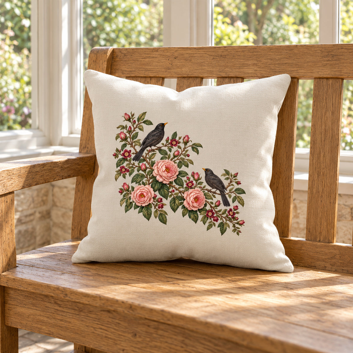Square Rambling Rose Botanical Pillow featuring a printed illustration of two black birds perched among pink rose blossoms on a cream background, resting on a wooden bench.