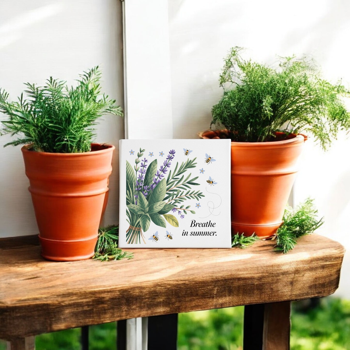 On a wooden shelf, two terracotta pots with green herbs frame the “Breathe in Summer Canvas – Botanical Calm & Gentle Bees” by Mirabilia Boutique, infusing your space with botanical charm and summery nature wall decor.