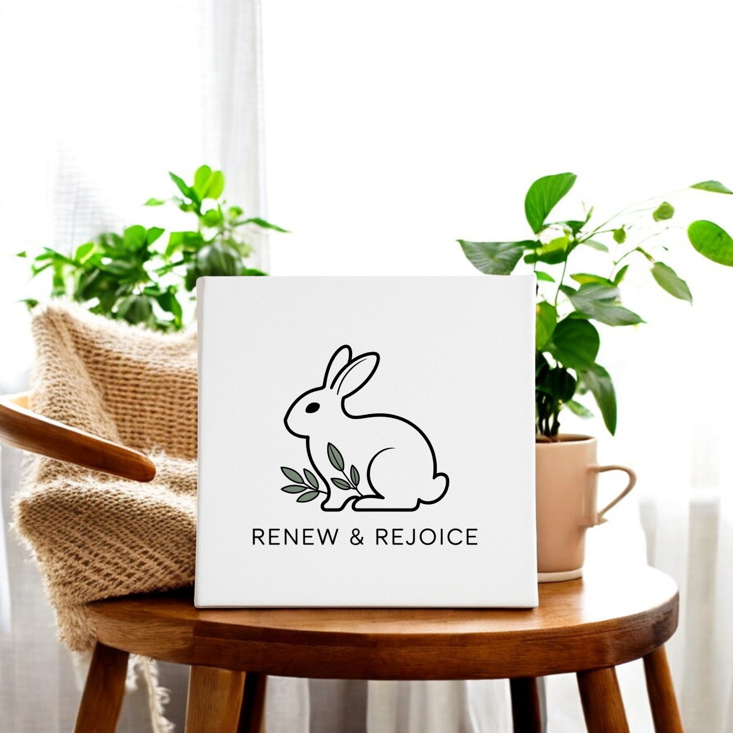 The Mirabilia Boutique Renew & Rejoice Bunny Canvas – 8x8 Spring Wall Art features a minimalist black outline bunny and “RENEW & REJOICE” text—ideal Easter or spring décor for bright rooms.