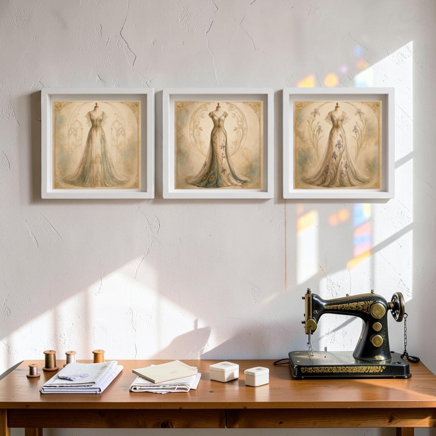 A wooden desk with sewing supplies and a vintage sewing machine sits below three framed canvas pieces from the Mirabilia Boutique’s Conservatory Collection | Curated Couture Artwork, each featuring elegant dress illustrations, on a sunlit wall.