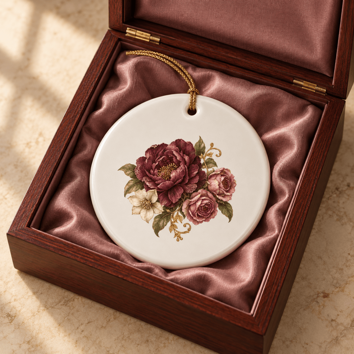 Presenting The Garden Remembered Ceramic Ornament by Mirabilia Boutique—a round ceramic piece from Velvet Ruins, adorned with a delicate garden bouquet motif and elegantly showcased in an open wooden gift box lined with luxurious satin. The perfect keepsake for flower lovers.