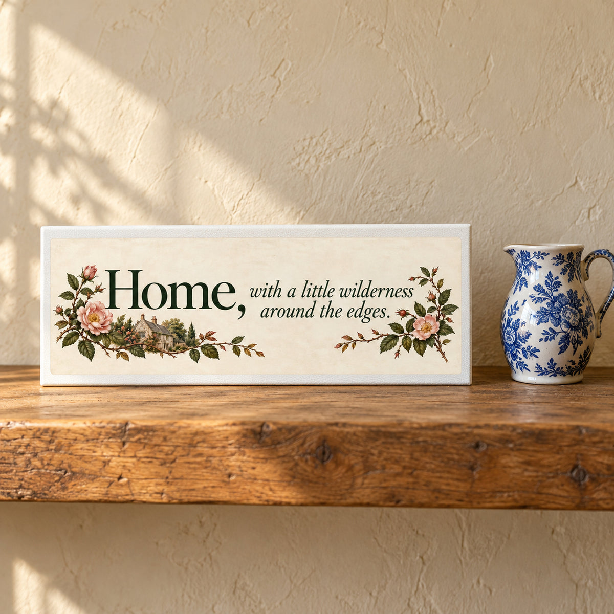 A Home & Wilderness Canvas Shelf Sitter reading “Home, with a little wilderness around the edges,” decorated with pink roses and an English stone cottage, resting on a wooden shelf next to a blue and white pitcher.