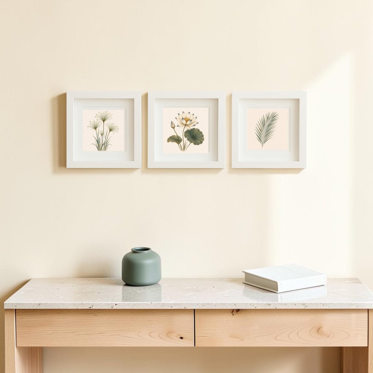 A light wooden desk with a closed book and a green vase sits below three framed “Botanical Relics of The Nile” canvas art pieces from Mirabilia Boutique, each featuring botanical artwork and displayed on a cream-colored wall.