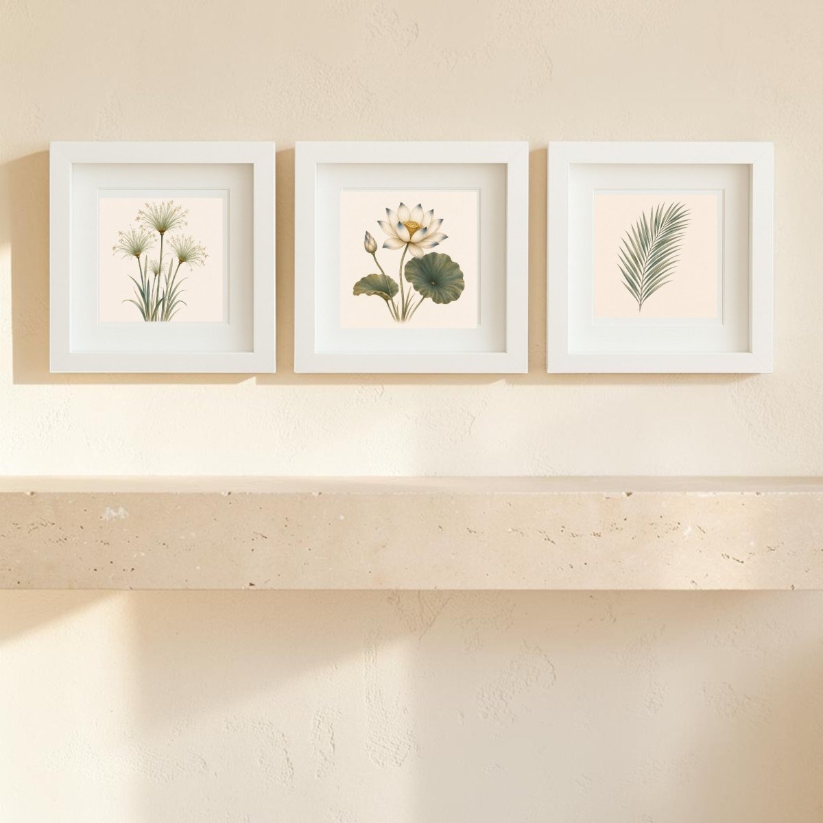 Three framed “Botanical Relics of The Nile | Mirabilia Relics” by Mirabilia Boutique hang side-by-side above a beige stone mantel, each showcasing a distinct plant illustration in soft, neutral tones against a light background. This elegant arrangement of botanical artwork from Mirabilia Boutique brings a serene ambiance to the room, while the shadowbox frames create depth and highlight each delicate design.