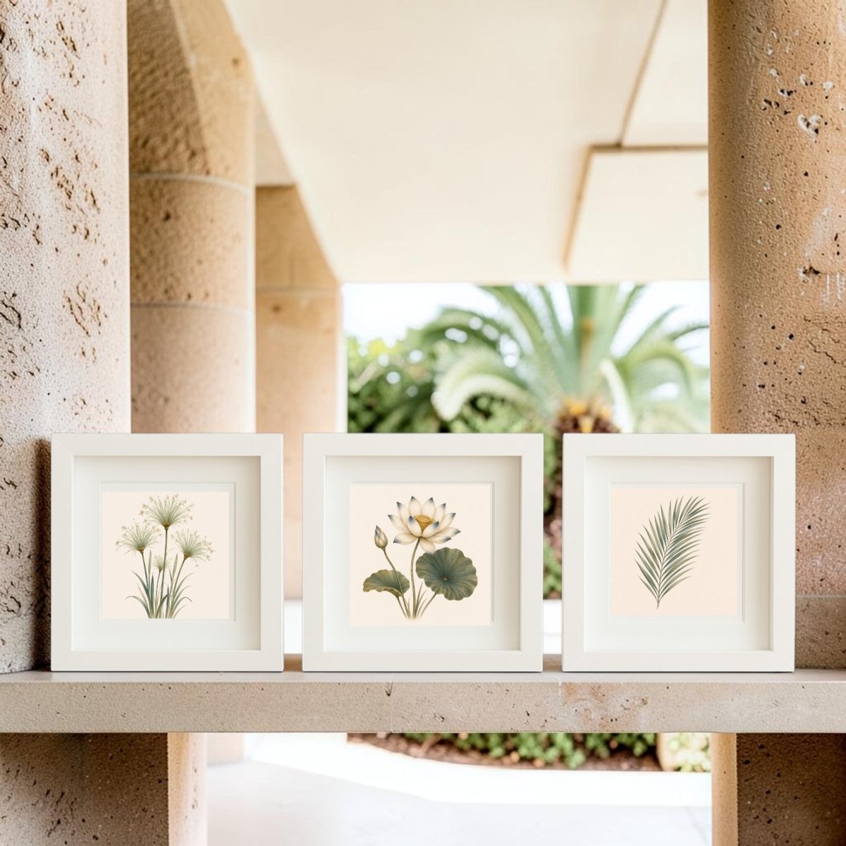 Three framed canvas art prints from the Mirabilia Boutique’s “Botanical Relics of The Nile” collection—featuring white flowers, a lotus, and a palm leaf—are displayed on a stone ledge with columns and lush greenery, including a palm tree, visible in the background.