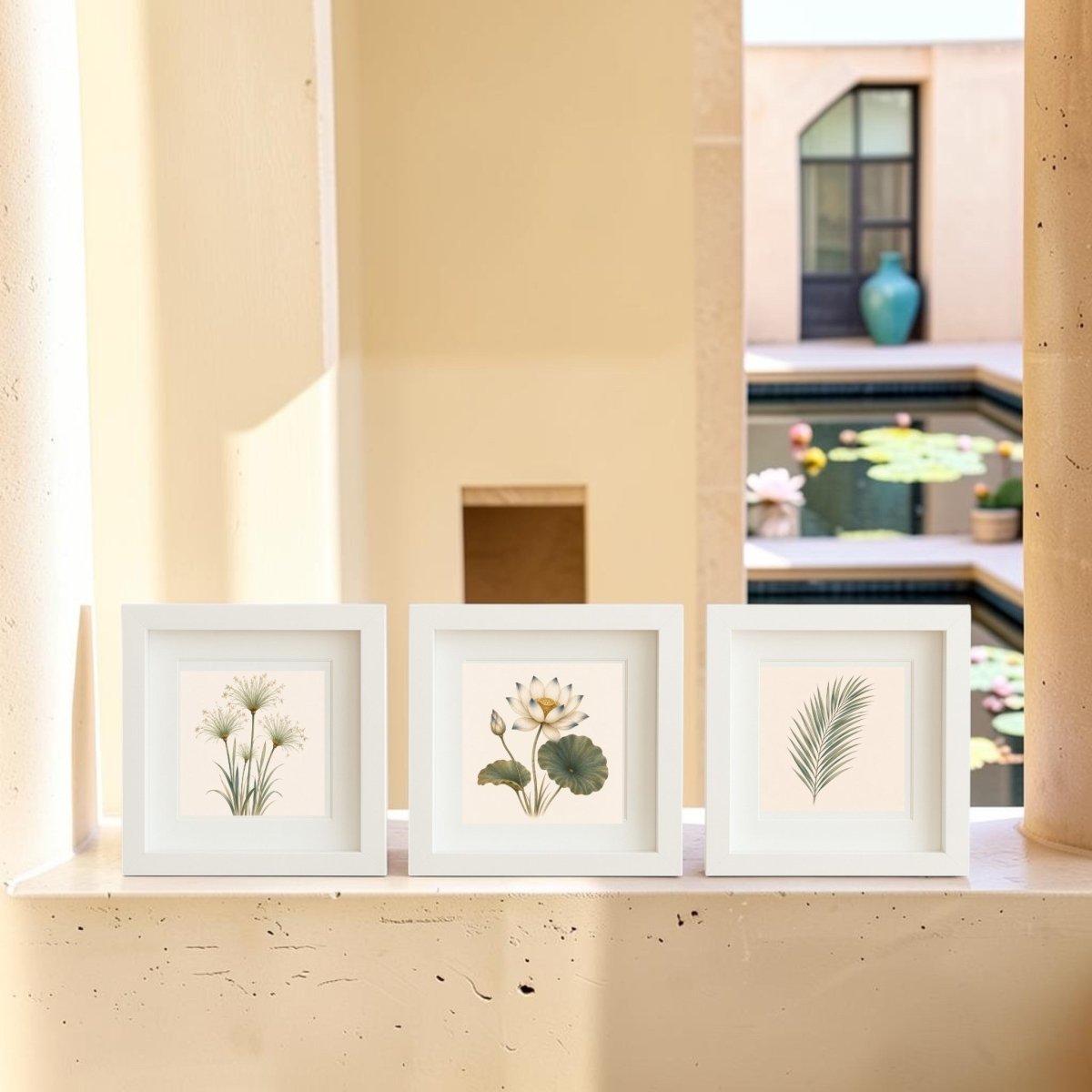 Three framed prints from Mirabilia Boutique’s Botanical Relics of The Nile collection, each featuring delicate botanical artwork in muted tones, are displayed on a ledge. In the background, a courtyard pond with lily pads and a blue vase near a window can be seen, all bathed in warm sunlight.