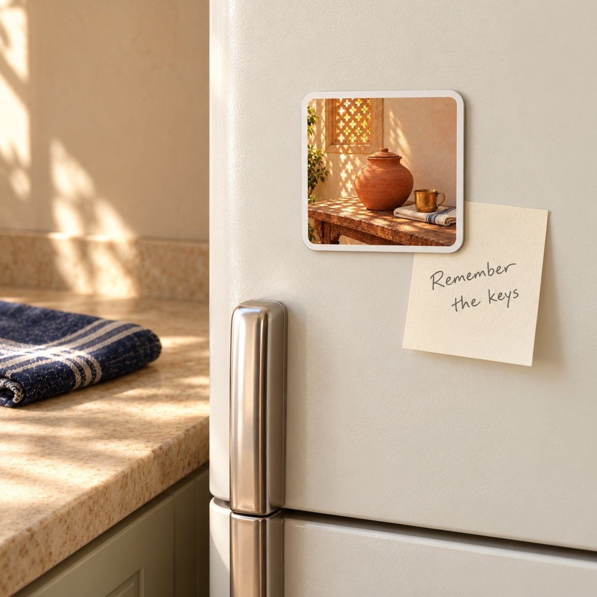 Square Water Kept Cool Magnet | Sand & Saffron decorative hardboard magnet featuring an earthenware vessel on a wooden table, with a sticky note below that reads, “Remember the keys.”