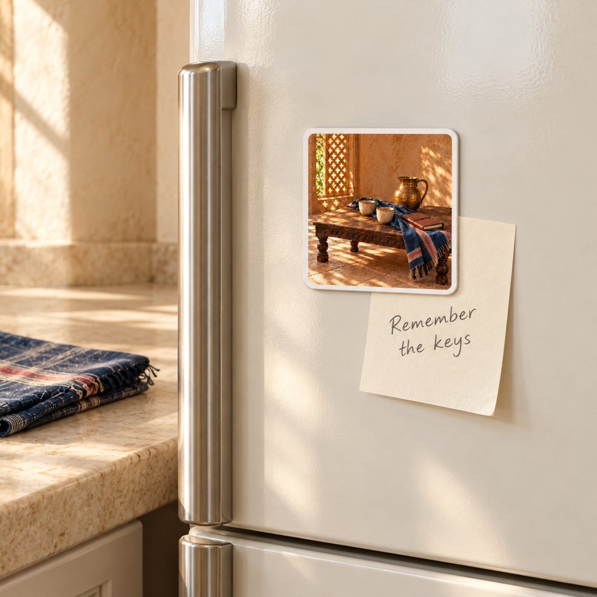 A Two Cups Before Leaving Magnet by Mirabilia Boutique on a refrigerator door showing two cups and a pitcher on a low wooden table, with a sticky note below it reading, “Remember the keys.”