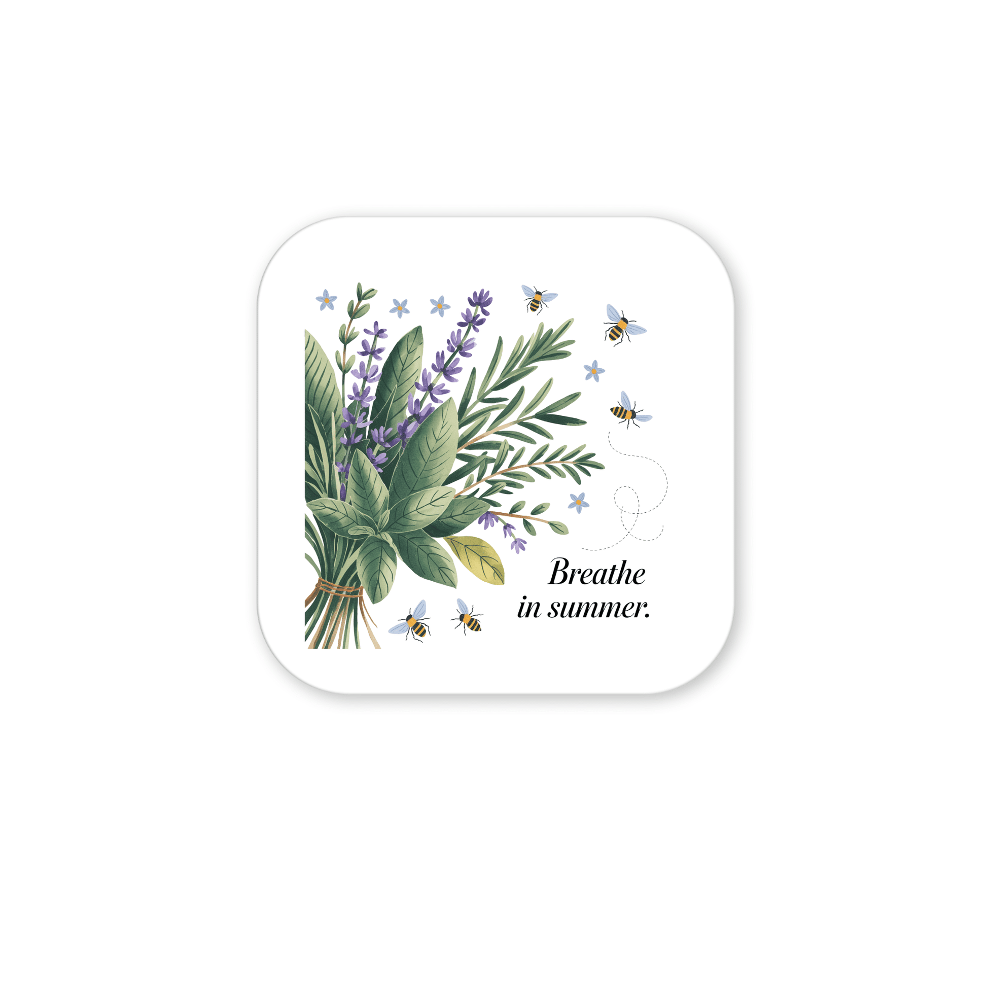 A square coaster from Mirabilia Boutique features bees around a lavender bouquet with green leaves on a white background and the text, “Breathe in summer.” Perfectly pairs with the Breathe in Summer Magnet – Botanical Calm & Gentle Bees.