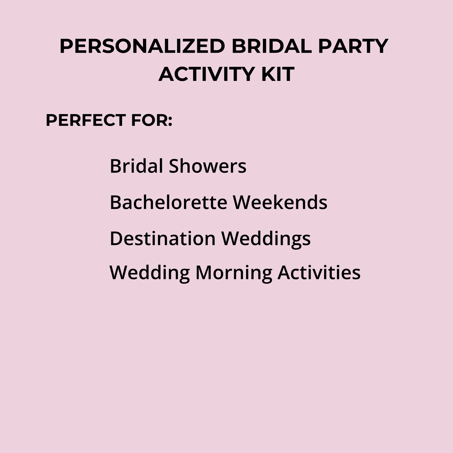 Pink background with bold black text: "Personalized Bridal Party Activity Kit by Mirabilia Boutique." Below, "Perfect for bridal showers, bachelorette weekends, destination weddings & wedding morning activities—plus a personalized luggage tag!.
