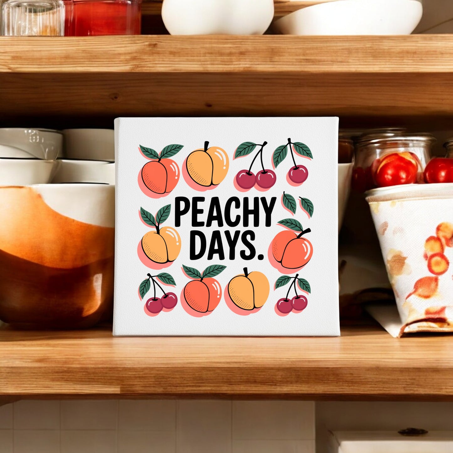 A kitchen shelf features the “Peachy Days Canvas” by Mirabilia Boutique, a cheerful fruit-inspired wall art with peach and cherry illustrations and the phrase "PEACHY DAYS," styled among bowls, jars, and a fruit-themed towel for summer charm.