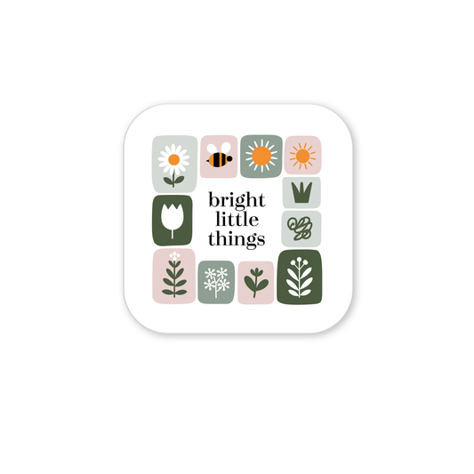 The Bright Little Things Floral Grid Magnet by Mirabilia Boutique features simple flower, bee, and sun illustrations in pastel colors on white—perfect for cheerful decor.