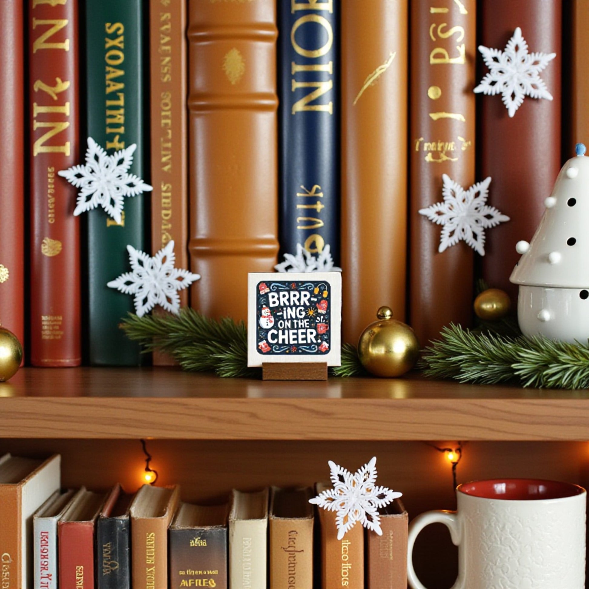 A bookshelf features the Mirabilia Boutique Mini Brrr-ing on the Cheer 4x4 sign, snowflake ornaments, pine garland, gold baubles, and a red-and-white mug—perfect festive decor for a holiday shelf or tiered tray.