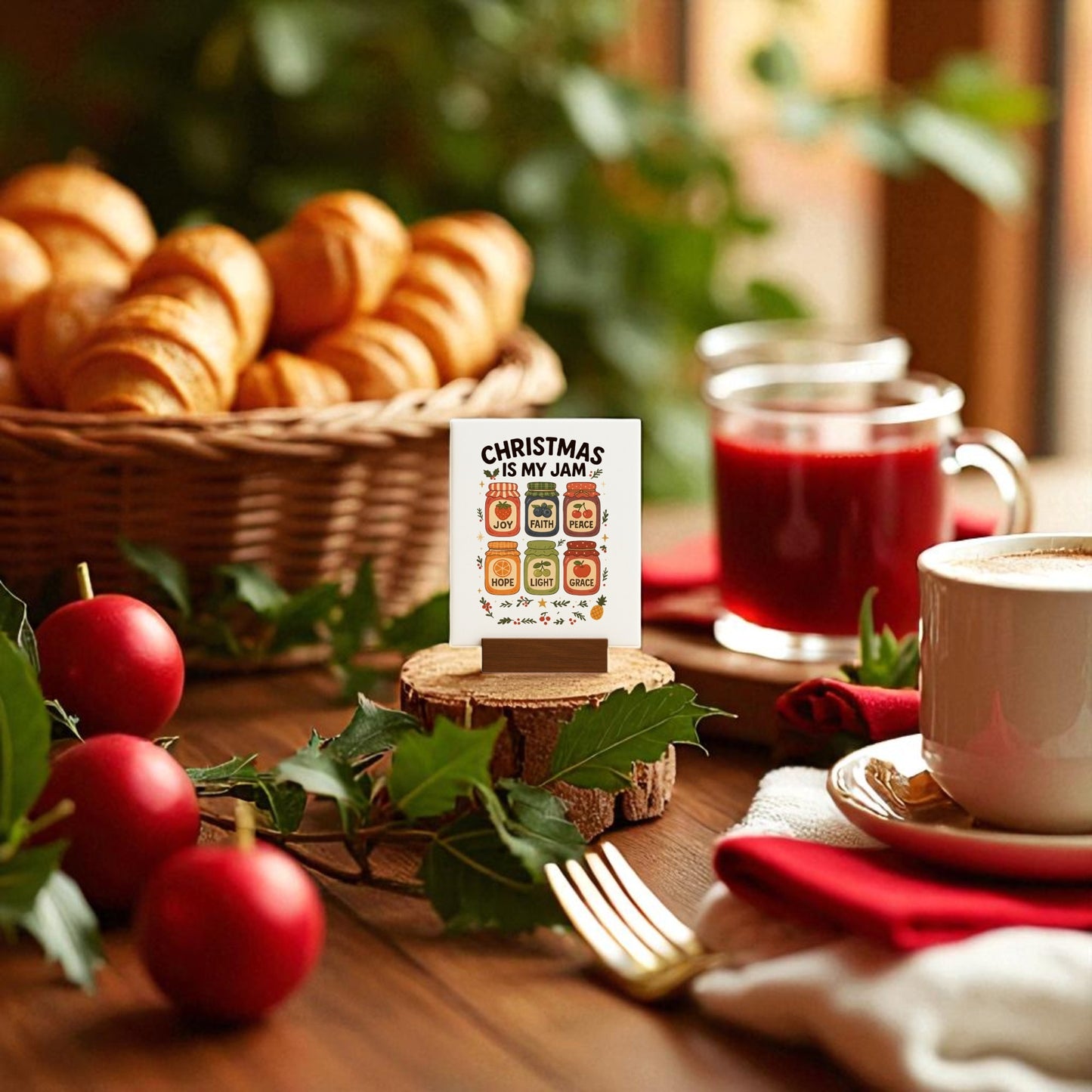 A festive table displays Mirabilia Boutique’s "Christmas Is My Jam" Sign—holiday decor with jar art—paired with bread rolls, coffee, red drink, ornaments, and greenery for a cheerful Christmas setting.
