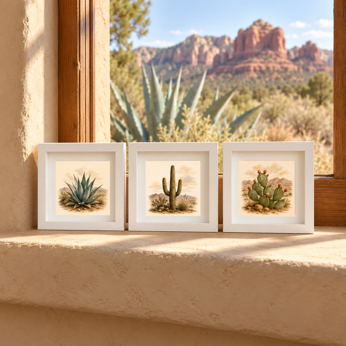 The Built to Endure Botanical Shadowbox Trio | Sage & Stone by Mirabilia Boutique features framed cactus art—agave and saguaro—displayed on a windowsill with vibrant desert scenes beyond.