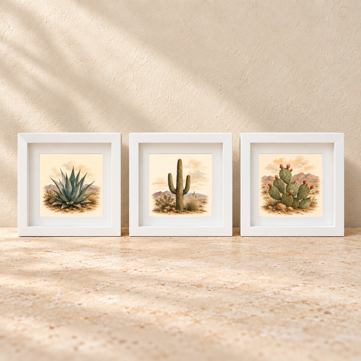 The Built to Endure Botanical Shadowbox Trio | Sage & Stone by Mirabilia Boutique features three white-framed desert botanical prints, beautifully displayed side by side against a beige textured wall.