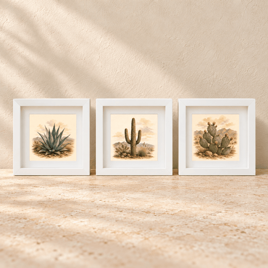 The Built to Endure Botanical Shadowbox Trio | Sage & Stone by Mirabilia Boutique features three white-framed desert botanical prints, beautifully displayed side by side against a beige textured wall.