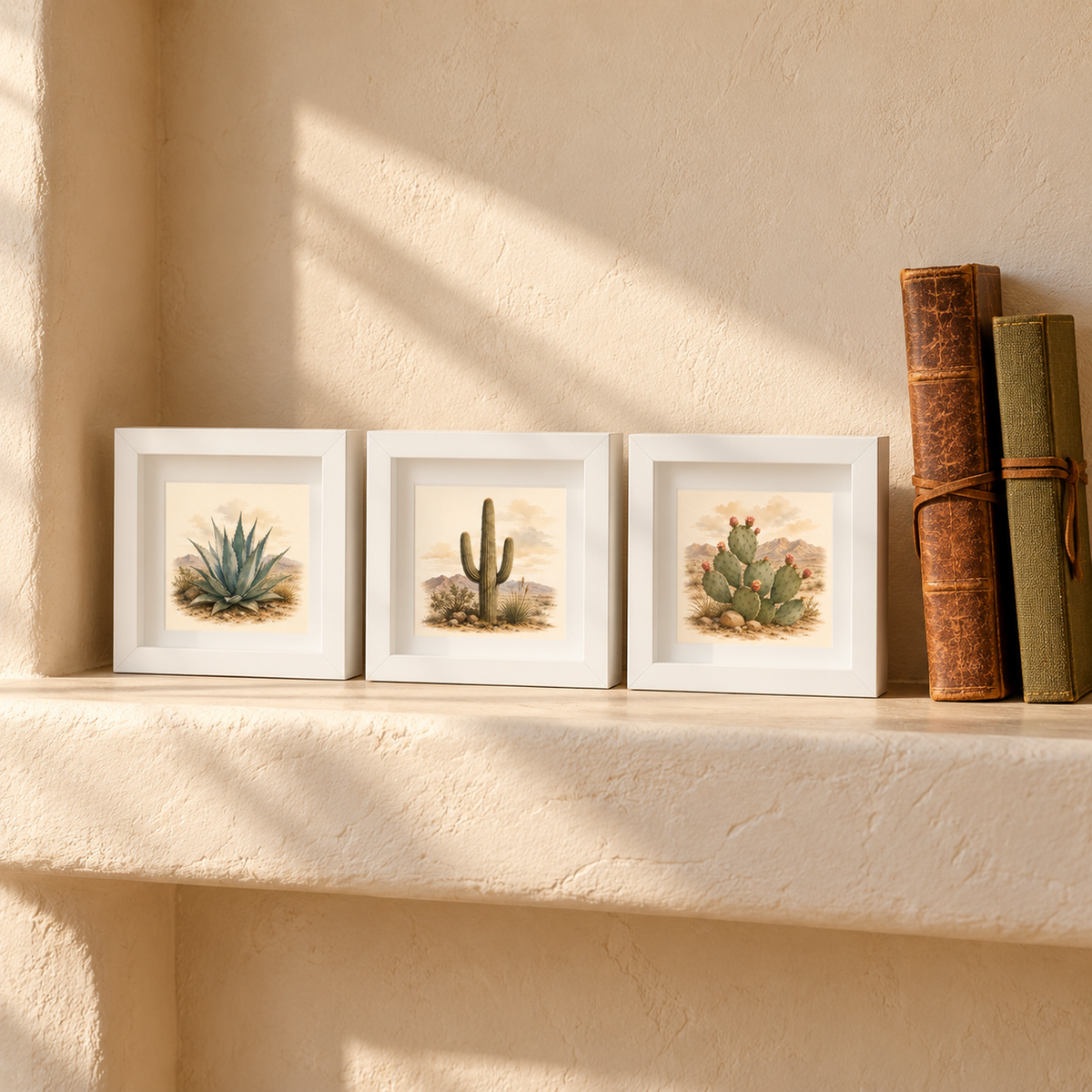 The Built to Endure Botanical Shadowbox Trio | Sage & Stone by Mirabilia Boutique is displayed with vintage books on a sunlit beige shelf against a textured wall.