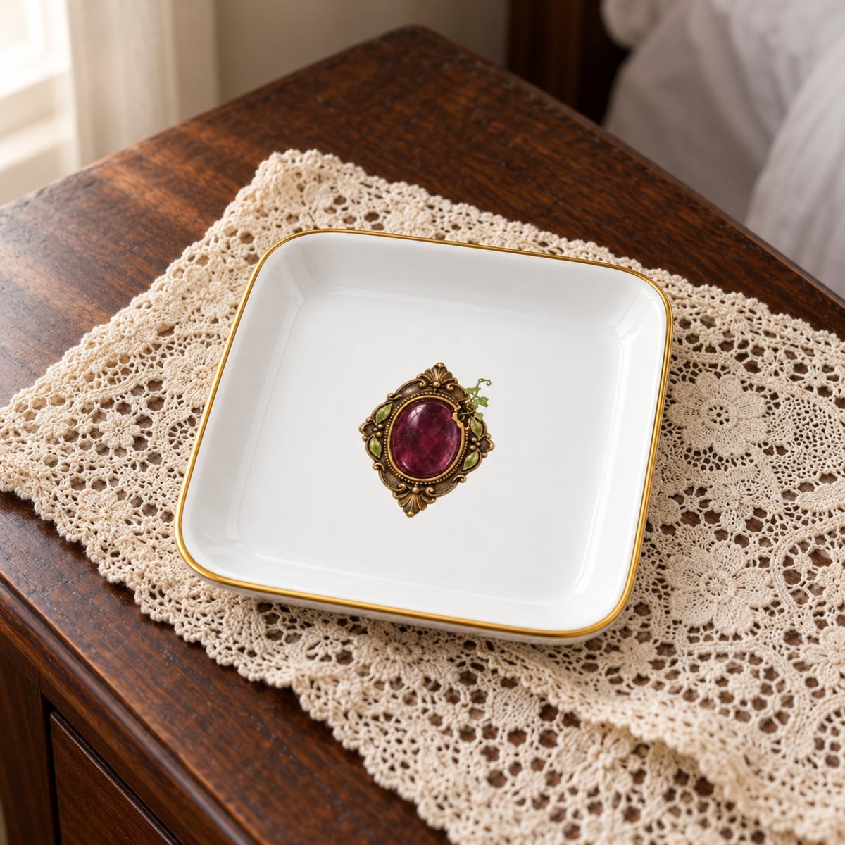 Beautiful Remnants Jewelry Tray; a square white ceramic tray with a gold rim and a central graphic of an ornate, oval-shaped red gemstone brooch.