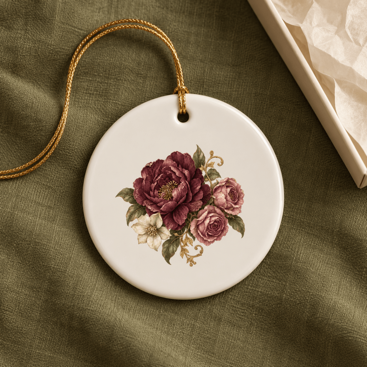 The Garden Remembered Ceramic Ornament by Mirabilia Boutique features a delicate design of red and pink roses with green leaves on a round ceramic surface, hanging from a gold cord. Presented resting on green fabric near its box with tissue paper, this Velvet Ruins ornament is an ideal gift for any flower lover.