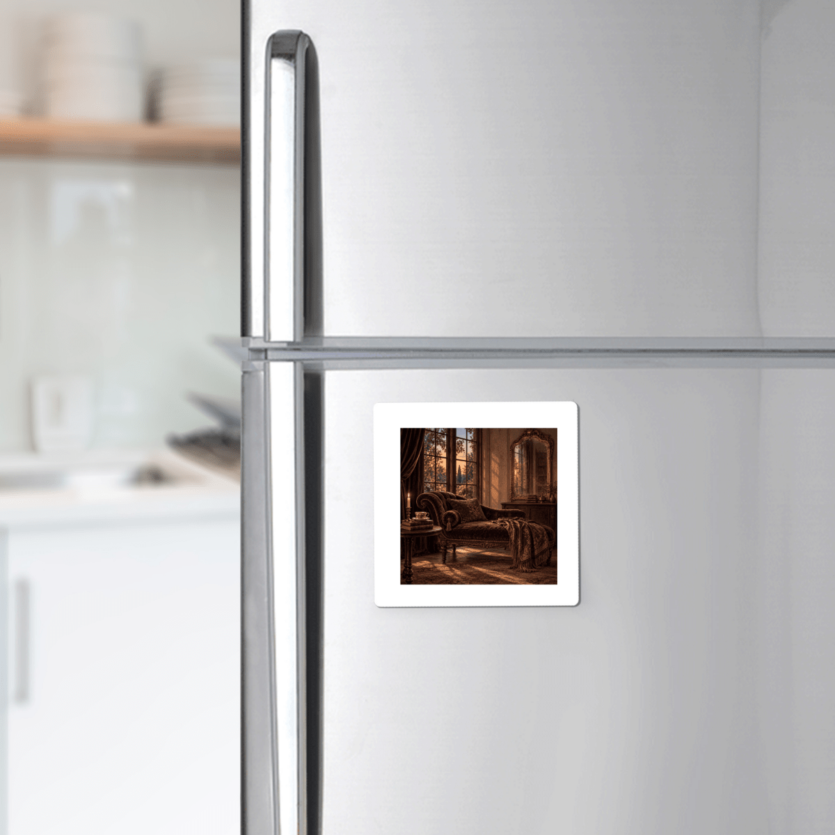 A silver refrigerator adorned with the Mirabilia Boutique’s The Room That Waited Magnet | Velvet Ruins, featuring a luxurious vintage sitting room scene. This decorative square magnet from Mirabilia Boutique adds charm to your space, while the kitchen in the background displays white dishes on shelves—a perfect small gift for any home décor enthusiast.