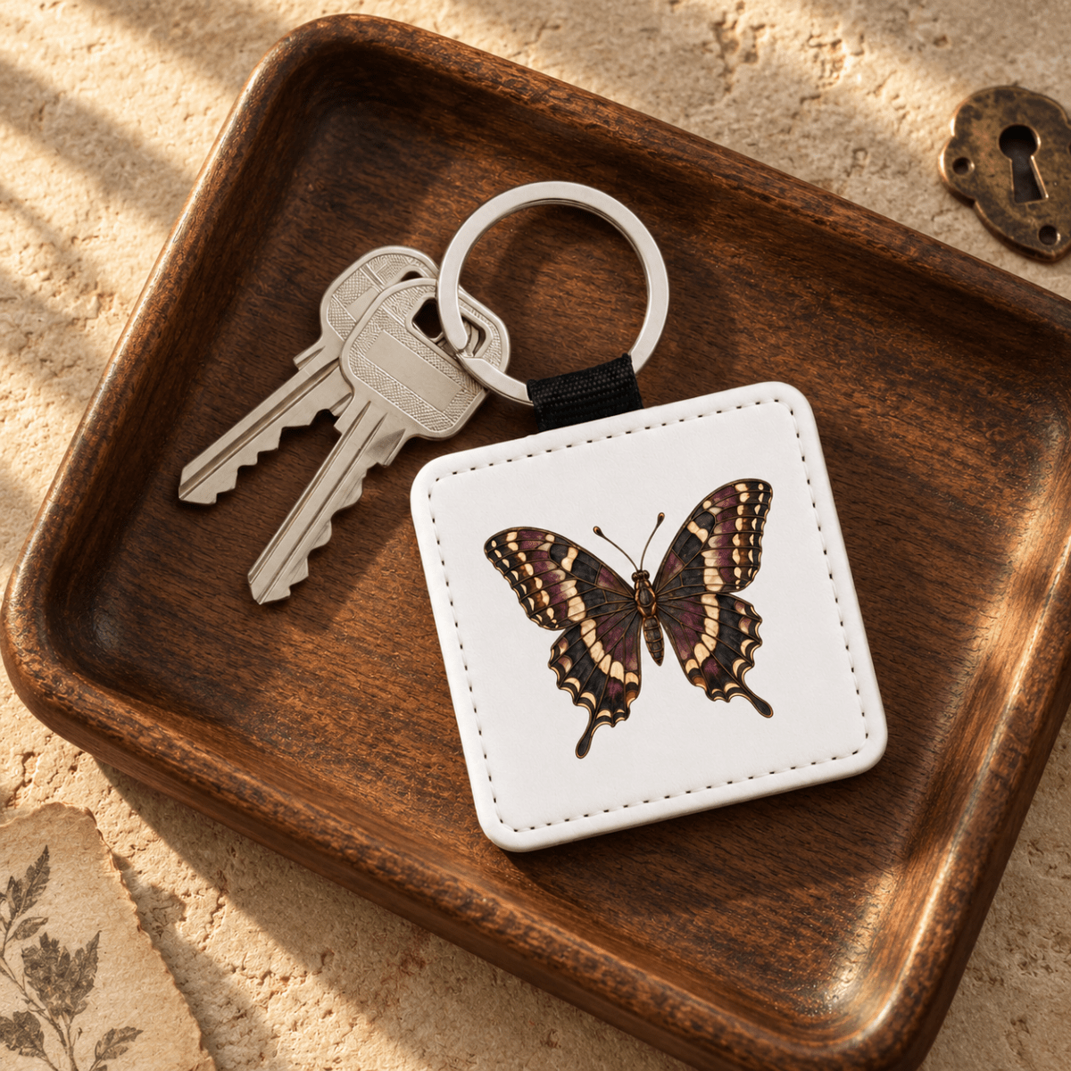 A pair of silver keys attached to the Stained Glass Swallowtail Keychain from Mirabilia Boutique rests in a brown wooden tray. This Velvet Ruins butterfly keychain features a white square tag adorned with a vibrant, detailed swallowtail illustration. Sunlight casts gentle shadows across the tray, making it a delightful butterfly gift for any nature enthusiast.