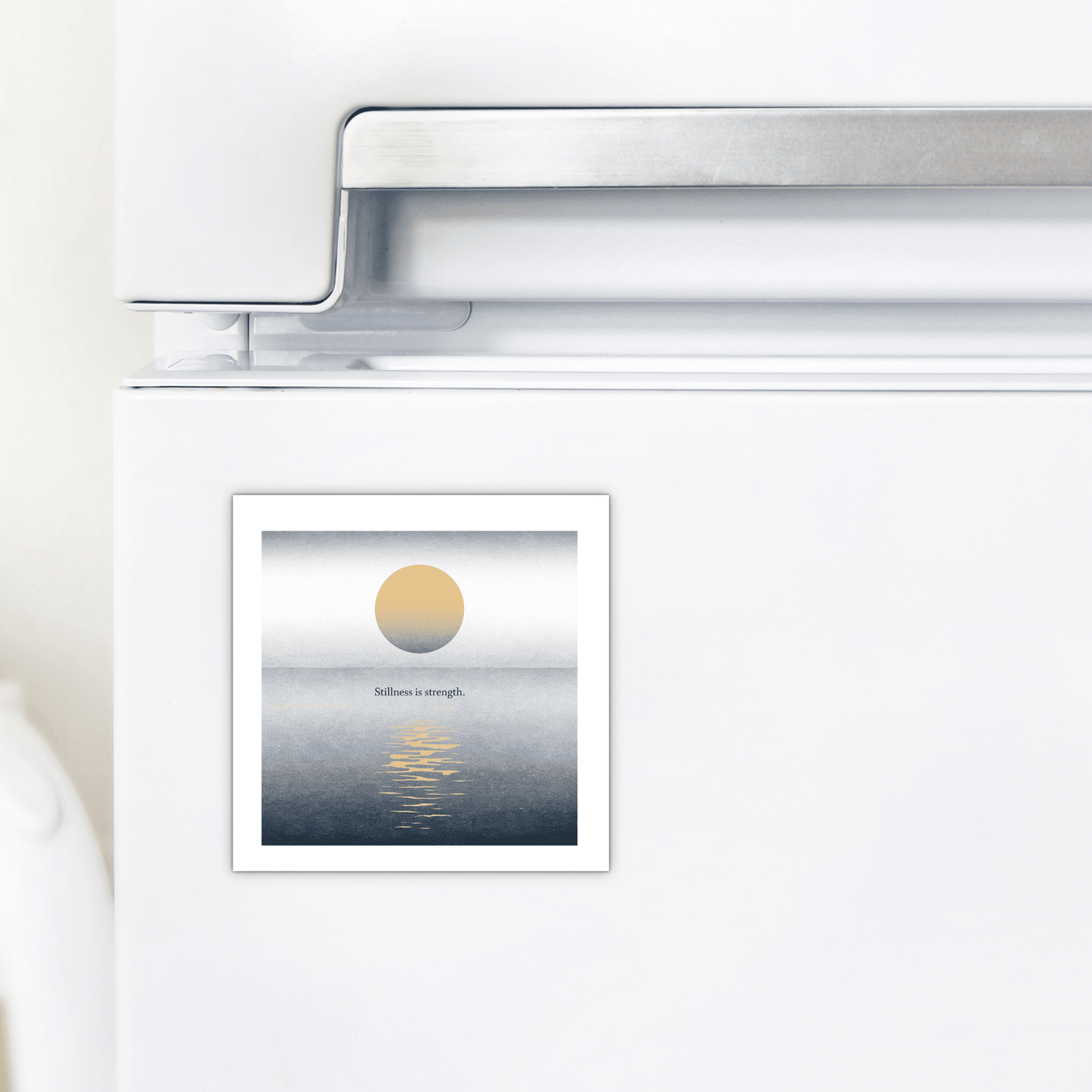 The Stillness Is Strength Magnet – Calm Minimalist Decor by Mirabilia Boutique features a serene sun-over-water design and the phrase “Stillness is strength,” making it a mindful, calming gift or accent for any space.
