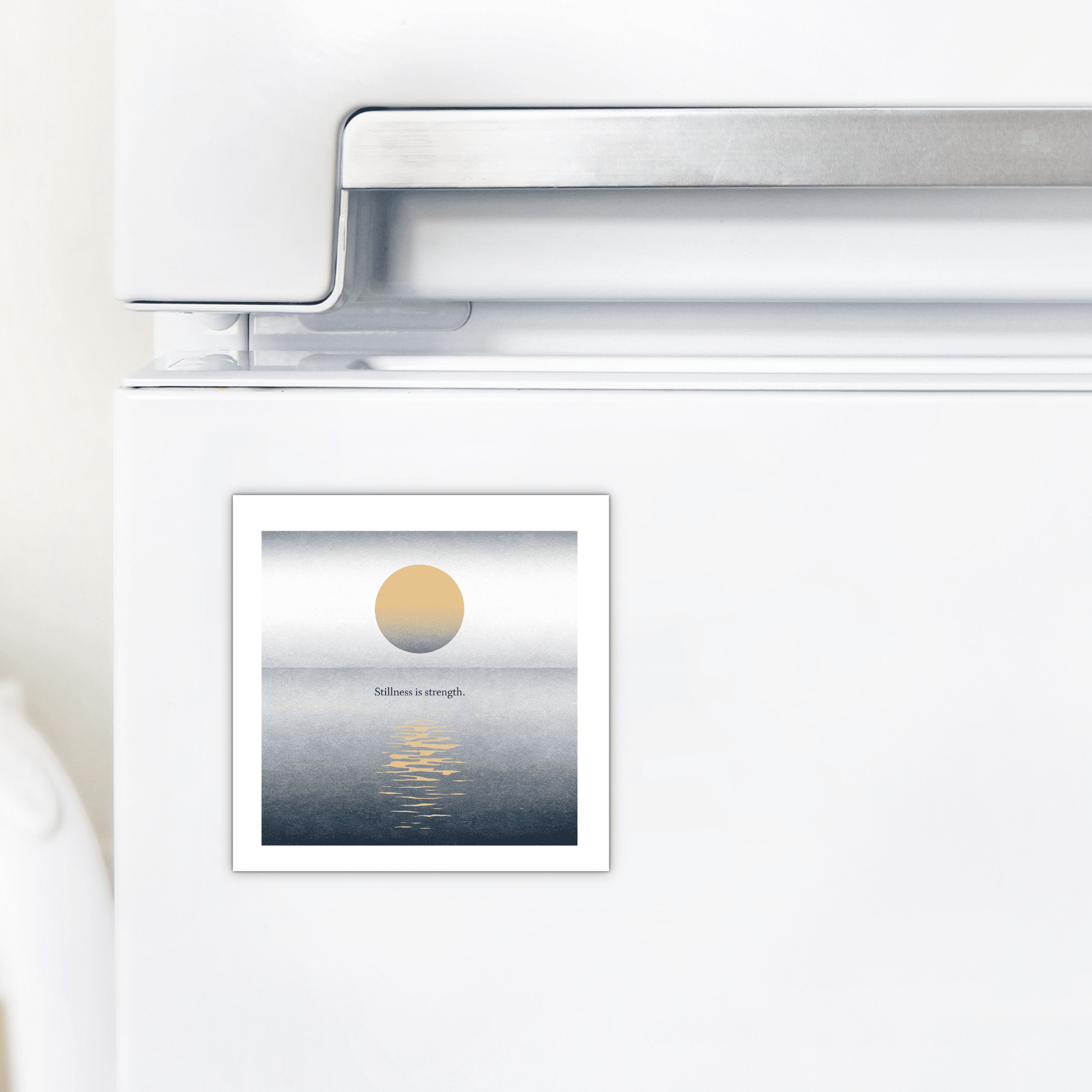 The Stillness Is Strength Magnet – Calm Minimalist Decor by Mirabilia Boutique features a serene sun-over-water design and the phrase “Stillness is strength,” making it a mindful, calming gift or accent for any space.