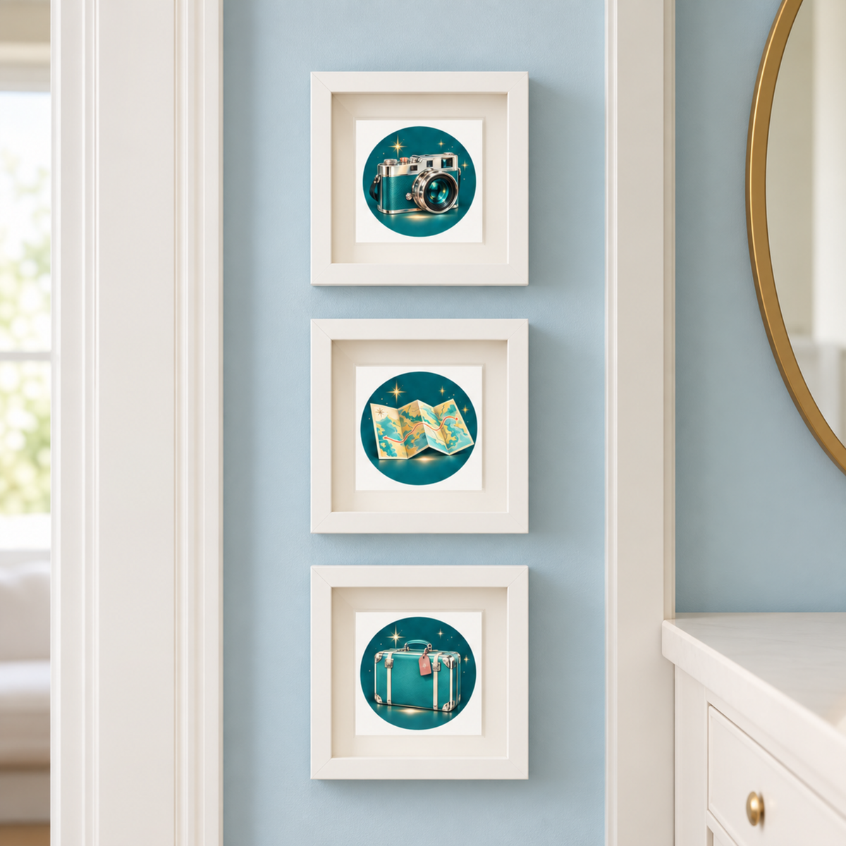 Three square white frames from the Somewhere Wonderful | Mirabilia Relics set hang vertically on a light blue wall, displaying mid-century artwork of a camera, a map, and a suitcase.