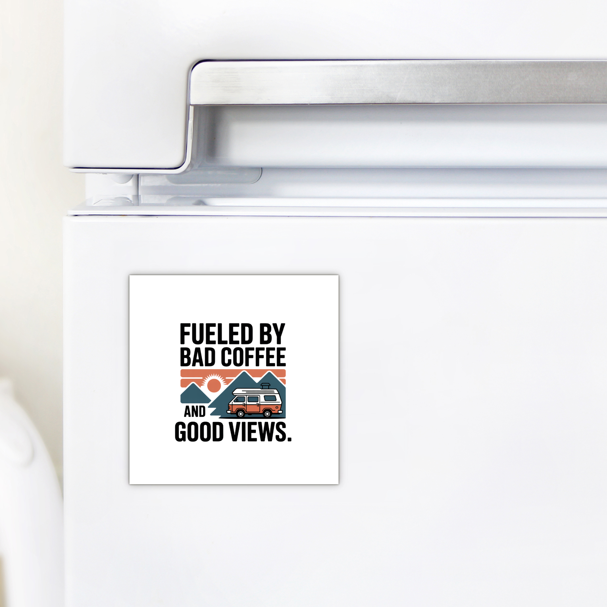 The Mirabilia Boutique’s Fueled by Bad Coffee and Good Views Magnet features a camper van, mountains, and sunset on a square design—ideal as a camping souvenir or adventure gift for travel lovers.
