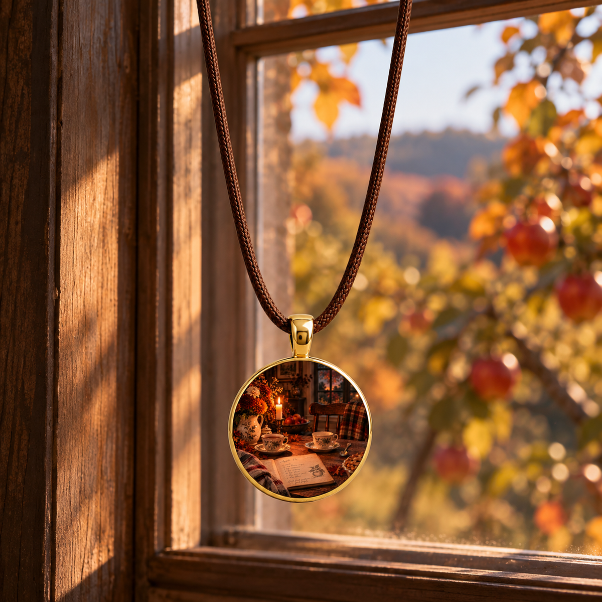 The Extra Place | Story Pendant Necklace by Mirabilia Boutique hangs by a window, reflecting a cozy room with tea set, pumpkin, and autumn decor, with fall trees and apples outside.