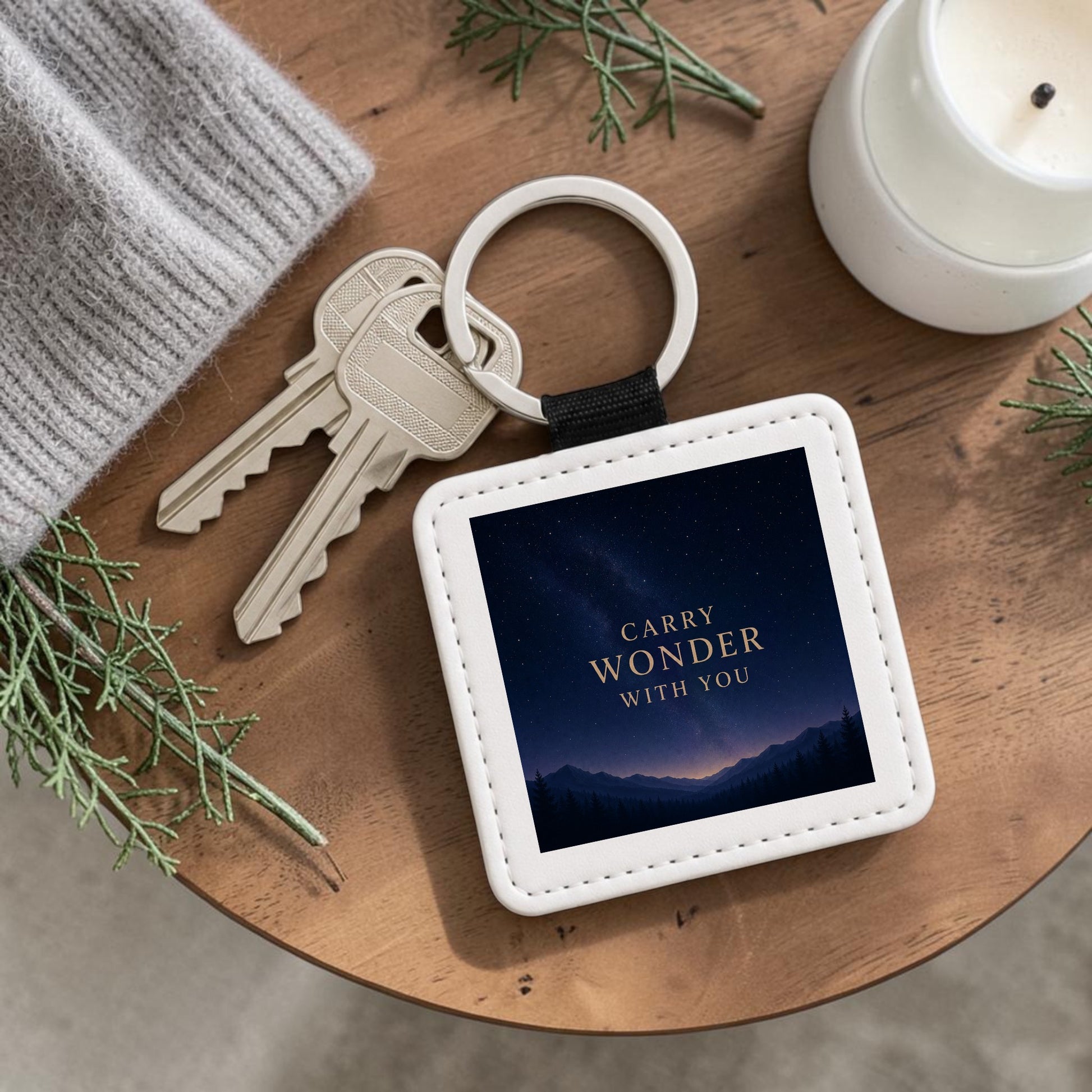 A set of keys rests on a wooden table, adorned with the Carry Wonder Celestial Keychain from Mirabilia Boutique’s Star & Solstice Collection. Featuring the inspiring message “CARRY WONDER WITH YOU” over a night sky and mountain motif, this enchanting accessory is surrounded by a cozy knit hat, fresh greenery, and a glowing white candle—creating an inviting scene that adds magic to your everyday essentials.