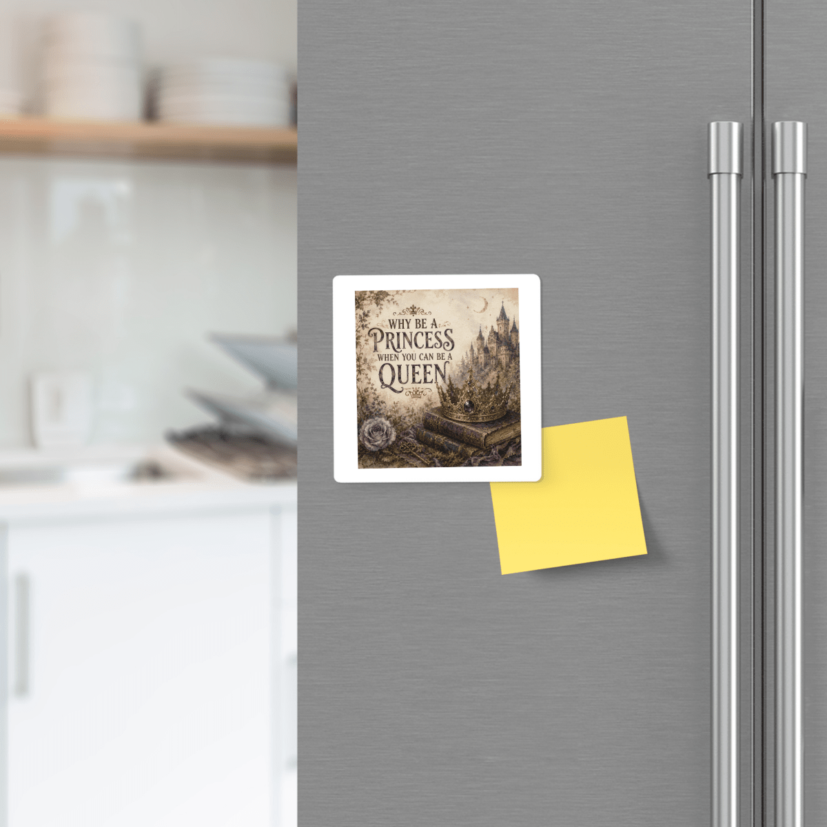 A refrigerator door displays the Mirabilia Boutique "Why Be a Princess When You Can Be a Queen" magnet—square-shaped and queen-themed—next to a blank yellow sticky note. Blurred kitchen shelves and dishes in the background lend a whimsical, fairytale-inspired touch to the decor.