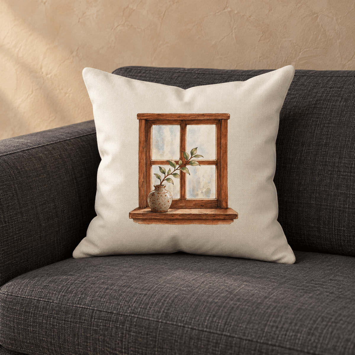 Leaf at the Window Decorative Pillow featuring a watercolor illustration of a leafy branch in a vase on a wooden windowsill.