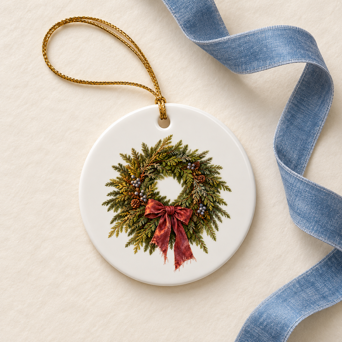 The Harbor Door Wreath Ornament is a round ceramic Christmas ornament decorated with a painted evergreen wreath and a red ribbon, hanging from a gold string next to a blue ribbon.