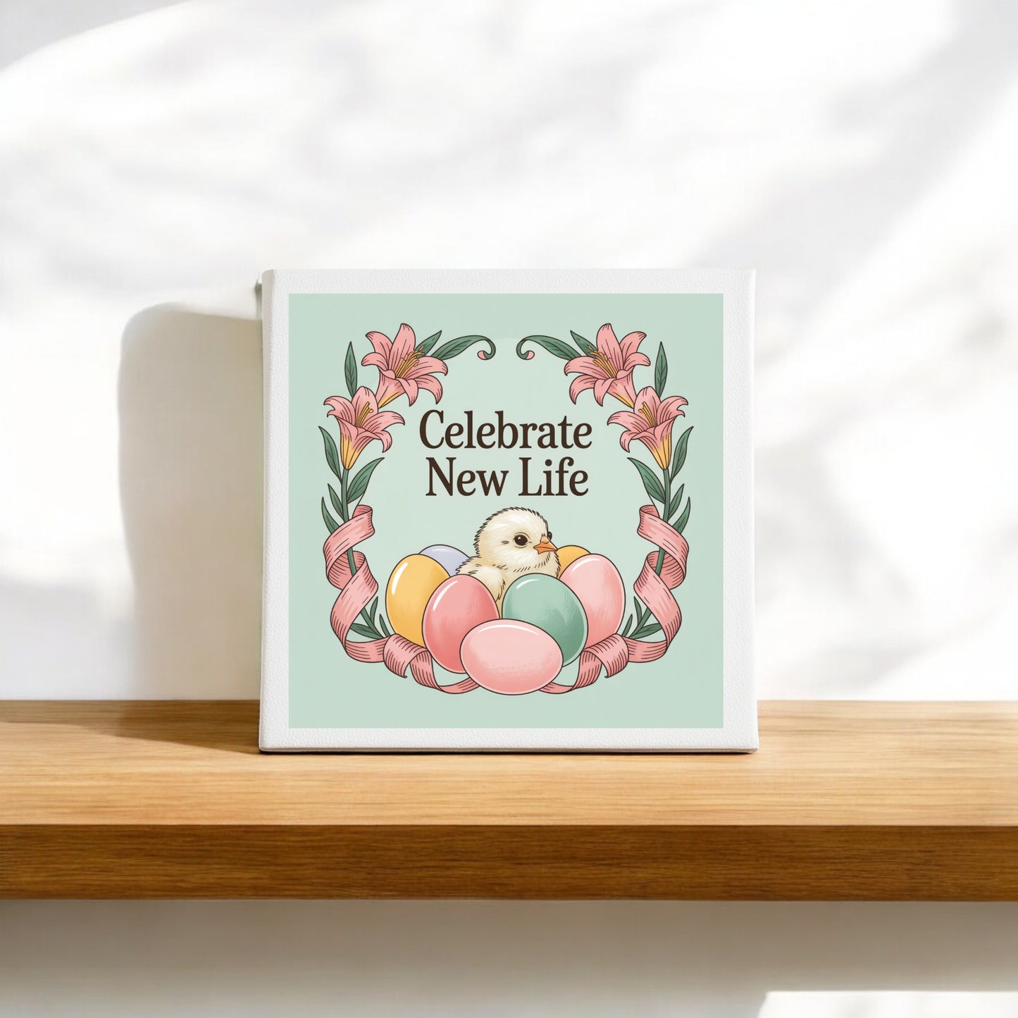 The Celebrate New Life Spring Chick Canvas Art by Mirabilia Boutique features pastel eggs, a chick, pink flowers, and the phrase "Celebrate New Life," making a charming Easter décor piece for your home.